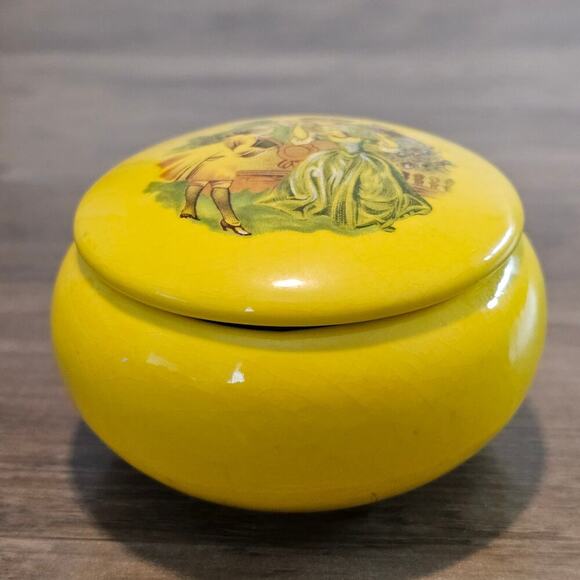 Vintage Victorian Trinket Jewelry Box Yellow Round Ceramic Keepsake Medieval - Picture 4 of 8